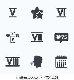 Roman numeral icons. 5, 6, 7 and 8 digit characters. Ancient Rome numeric system. Flat talking head, calendar icons. Stars, like counter icons. Vector