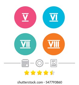 Roman numeral icons. 5, 6, 7 and 8 digit characters. Ancient Rome numeric system. Calendar, cogwheel and report linear icons. Star vote ranking. Vector