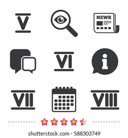 Roman numeral icons. 5, 6, 7 and 8 digit characters. Ancient Rome numeric system. Newspaper, information and calendar icons. Investigate magnifier, chat symbol. Vector