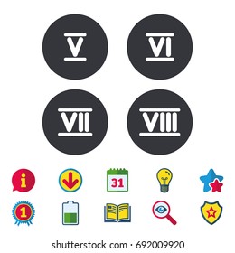 Roman numeral icons. 5, 6, 7 and 8 digit characters. Ancient Rome numeric system. Calendar, Information and Download signs. Stars, Award and Book icons. Light bulb, Shield and Search. Vector