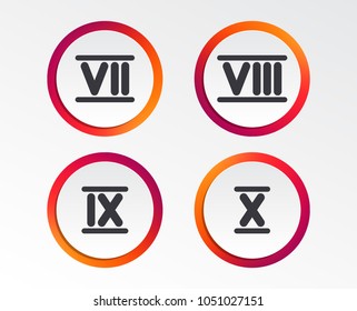 Roman numeral icons. 7, 8, 9 and 10 digit characters. Ancient Rome numeric system. Infographic design buttons. Circle templates. Vector