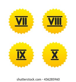 Roman numeral icons. 7, 8, 9 and 10 digit characters. Ancient Rome numeric system. Yellow stars labels with flat icons. Vector