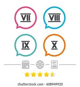 Roman numeral icons. 7, 8, 9 and 10 digit characters. Ancient Rome numeric system. Calendar, internet globe and report linear icons. Star vote ranking. Vector