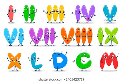 römische Zahlen oder Zahlenzeichen. Cartoon numerische Systemfiguren mit hübschen Gesichtern, die im antiken Rom verwendet werden. Lustige, lustige Buchstaben I, II, III, IV, V und VI, VII, VIII oder IX, X, L, D mit C und M