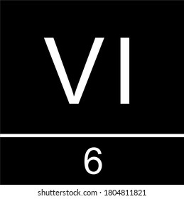 Roman numeral symbol six. Roman numeric character symbol, illustration design icon for calendar number or any calculation. With a black background