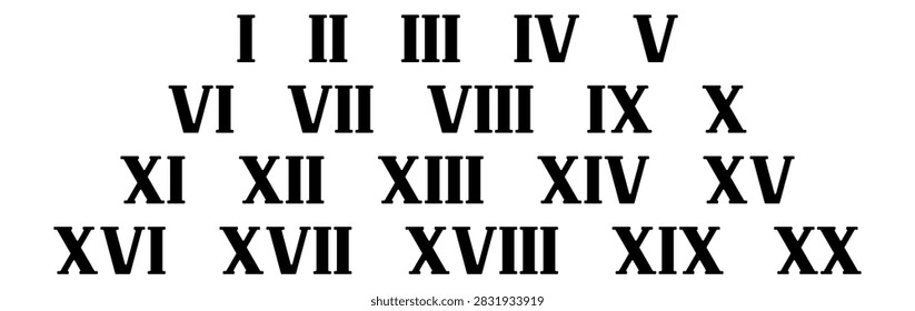 Roman Numerals 1 to 20 set on white background, classic ancient latin numbering system, educational mathematics chart, black typography for learning and historical design projects