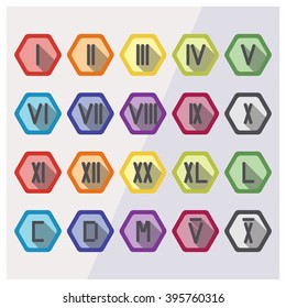 Roman numerals flat icon set in different colors. Roman numbers from 1 to 12, 20, 40, 50, 100, 500, 1000, 5000 and 10k. Vector illustration