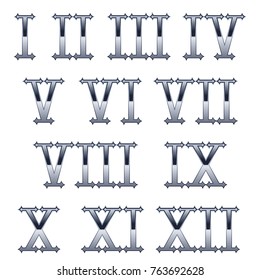 Roman numerals. Gothic metal numbers. Vector 3d illustration isolated on white background