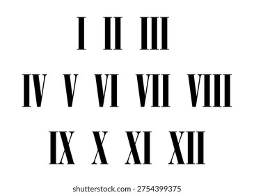 Roman numerals icon set, Set of Roman numerals 1-12,  black romans numerals set isolated. Roman Numbers vector illustration. one to twelve Roman letters in Black colour. Numbers Chart sheet for education.