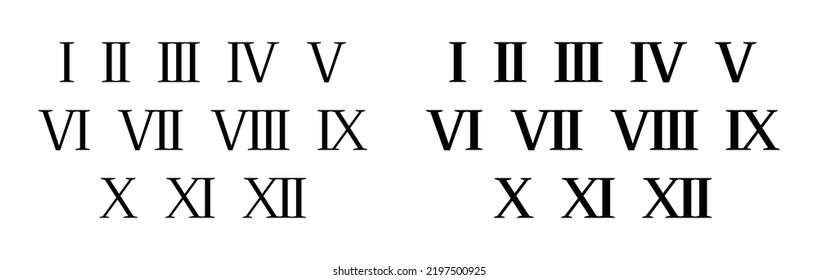 Roman numerals icon set isolated on white background. Numbers from one to twelve. Vector illustration.