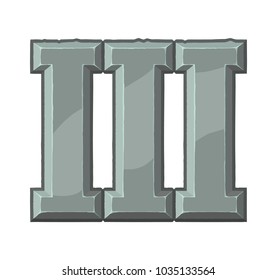 Roman numerals made from rock. Ancient stone carved numbers. Old roman antique alphabet number. Vector flat illustration isolated on white background. Number three.