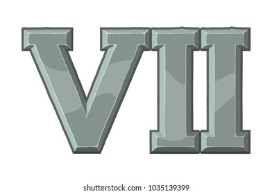 Roman numerals made from rock. Ancient stone carved numbers. Old roman antique alphabet number. Vector flat illustration isolated on white background. Number seven.