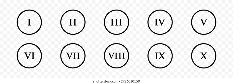Números romanos Números del uno al diez. Vector de un reloj de números romanos. hora, minuto, segundo, símbolo. Conjunto de números romanos. símbolos numéricos vintage de Latina y dígitos decorativos en transparente bg