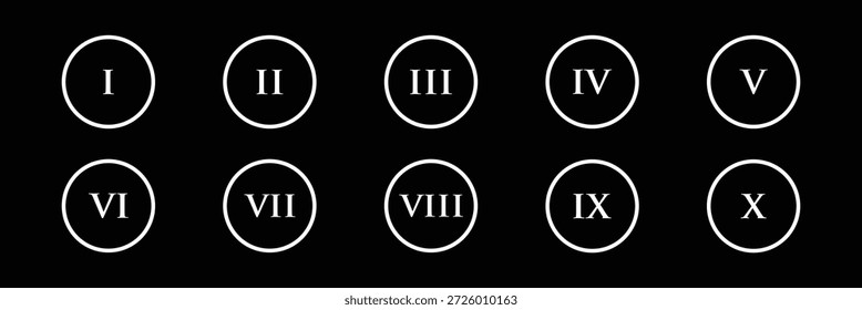 Números romanos Números del uno al diez. Vector de un reloj de números romanos. hora, minuto, segundo, símbolo. Conjunto de números romanos. símbolos numéricos vintage de Latina y dígitos decorativos en transparente bg