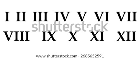 Roman numerals. Numbers from one to twelve. Typography set.
