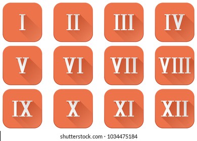 Roman numerals. Orange square icons. Vector illustration isolated on white background