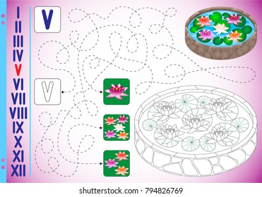 Roman numerals in pictures. Water lily for children coloring pages. Educational puzzle game. Task to pass the labyrinth on the dotted lines and find the object. Vector illustration. Printable sheet