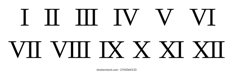 Roman Numerals Set I to XII Black Isolated on White Background. Classic Numbers for Clocks and Design.
