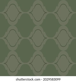 Roman ogee abstract vector seamless pattern background with elongated shapes. Elegant geometric backdrop in in monochrome sage green. Modern warm symmetrical style repeat for wellness, packaging