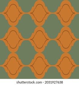 Roman ogee abstract vector seamless pattern background with elongated shapes. Elegant geometric backdrop in ochre sage green. Modern warm symmetrical style repeat for wellness, packaging