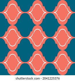 Roman ogee abstract vector seamless pattern background with elongated shapes. Elegant geometric backdrop in navy blue and red. Nautical theme symmetrical style repeat for wellness, packaging, summer