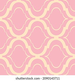 Roman ogee abstract vector seamless pattern background with elongated shapes. Elegant geometric backdrop in pink and cream color. Symmetrical style repeat for wellness, baby summer, spring