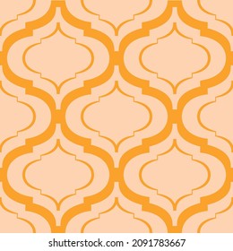 Roman ogee abstract vector seamless pattern background with elongated shapes. Elegant geometric backdrop in pastel and orange. Modern symmetrical style repeat for summer vacation, wellness, baby