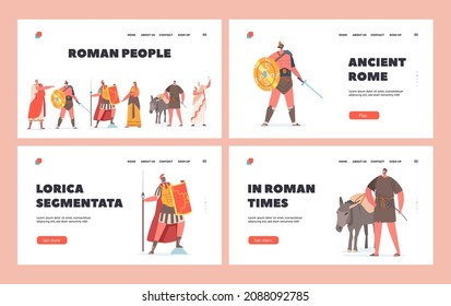 Conjunto de plantillas de la página de inicio de romanos. Personajes de la antigua Roma ciudadana masculina y femenina en trajes históricos de Túnez y sandalias, gladiador, orador, gobernador y plebeyas. Ilustración del vector de dibujos animados