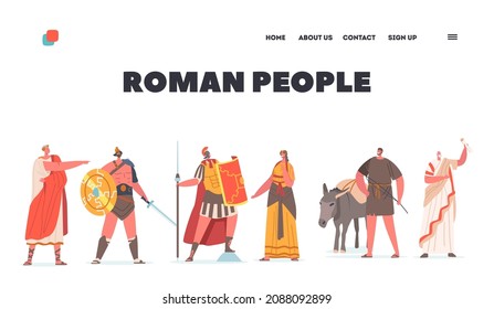 Plantilla de la página de aterrizaje de romanos. Carácter ciudadano masculino y femenino de la Roma antigua en trajes históricos de túnez y sandalia, gladiador, orador, gobernador y plebeyas. Ilustración del vector de dibujos animados