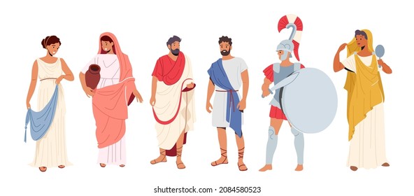 Roman People in Traditional Clothes, Ancient Rome Citizen Male and Female Character in Tunic and Sandals Historical Costumes, Gladiator Isolated on White Background. Cartoon Vector Illustration