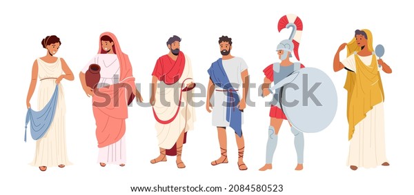 Roman People in Traditional Clothes, Ancient\
Rome Citizen Male and Female Character in Tunic and Sandals\
Historical Costumes, Gladiator Isolated on White Background.\
Cartoon Vector\
Illustration