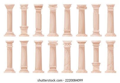 Roman pillars, cartoon antique architecture columns. Ancient greek ionic and doric ornamented pillars flat vector illustration collection. Greek classic column set