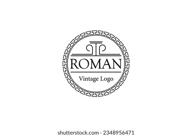 Roman pillars logo with vintage classic border motif circle frame