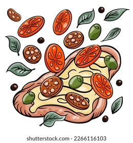 Roman rectangular pizza. With flying tomatoes, salami and herbs.  Vector cartoon picture. 