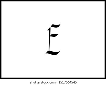 Roman rustic calligraphy font, capitals. E letter. Vector black letters isolated on white background