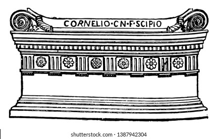 Roman Sarcophagus Tomb, A Coffin Or Tomb Of Stone, A Kind Of Stone Chest, Less Ornamented For Receiving A Dead Body, Vintage Line Drawing Or Engraving Illustration.