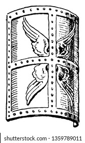 Roman scutum was a type of shield used among Italic peoples in the archaic period, vintage line drawing or engraving illustration.