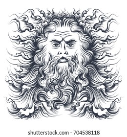 Roman sea god Neptune head. Mythology character drawn in engraving style. Vector illustration.