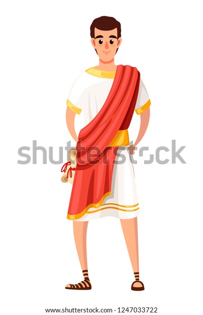 Roman senator or citizen. Cartoon character\
design. SPQR, man with scrolls. Flat vector illustration on white\
background.