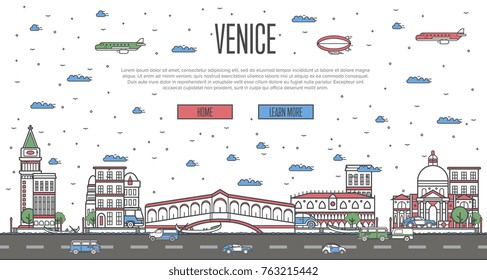 Roman skyline with national famous landmarks in trendy linear style. Worldwide traveling vector concept, touristic tour advertising with italian famous architectural attractions on white background.