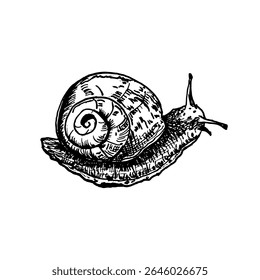 Mão de caracol romano desenhado preto e branco esboço ilustração vetor. Espiral monocromática linha arte. Desenho de molusco com conchas para projetos temáticos de campo, impressões entomologia, marca orgânica.
