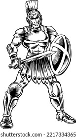 Roman Soldier Black and White Vector Illustration