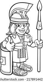 A Roman Soldier Cartoon Character Holding A Spear And Doing A Thumbs Up