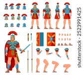 Roman soldier creation. Ancient warrior animation character constructor, centurion in armour or spartan soldiers with shield, rome empire army legion, 2d recent vector illustration original artwork