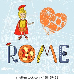 The Roman soldier, the gladiator, the word Rome with use of the Italian elements - pizza, grassini, a column, the Roman helmet. Heart from an antique stone. The Colosseum contour on a blue background