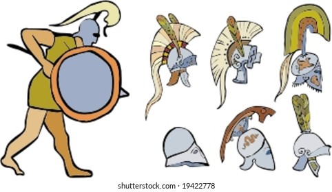 Roman soldier and set of helmets