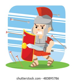 roman soldier taking cover from arrow