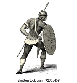 Roman soldier - vintage engraved illustration - "Costumes anciens et modernes " by Cesare Veccello ed.Firmin-Didot  in 1859 - Paris