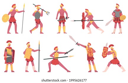 Römische Soldaten. Antike römische Armeekrieger, ehemalige Legionäre, griechische Soldaten Cartoon Vektorgrafik Set. Kampfroman-Figuren. Krieger und Soldat mit Helm und Schwert