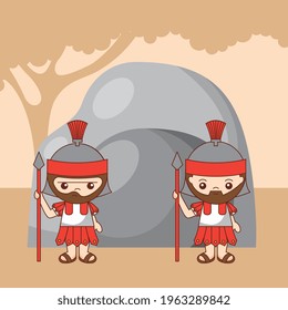 roman soldiers guarding the tomb of christ cartoons. vector illustration